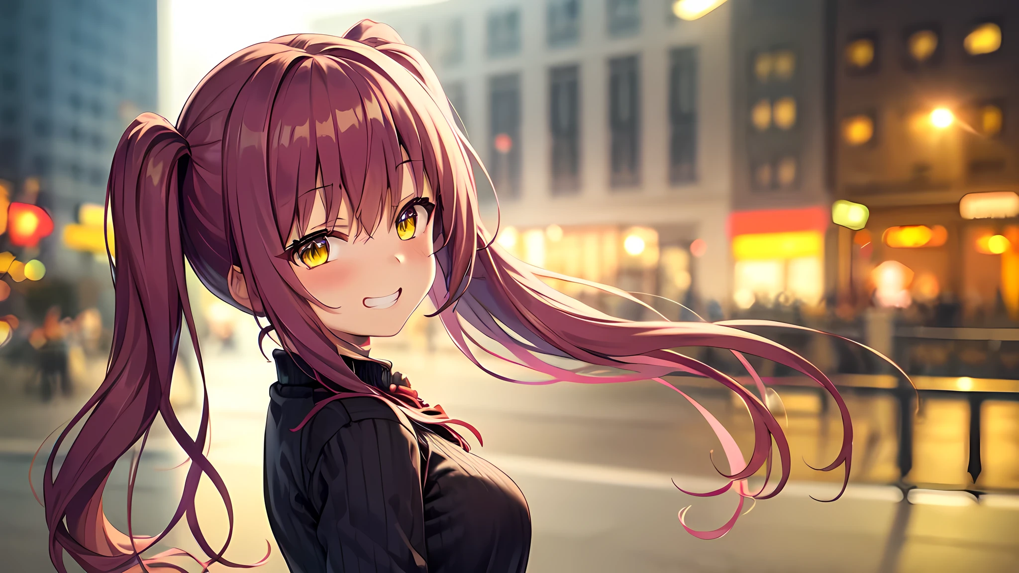 Detailed yellow eyes, dynamic lighting, Masterpiece, best quality, grin, a girl in casual sweater, ribbed fabric, black sweater, blush, standing, close up, upper body, from side, (twintails), (long hair), highres, casual, soft lighting, floating hair, blush, backlighting, long sleeves,