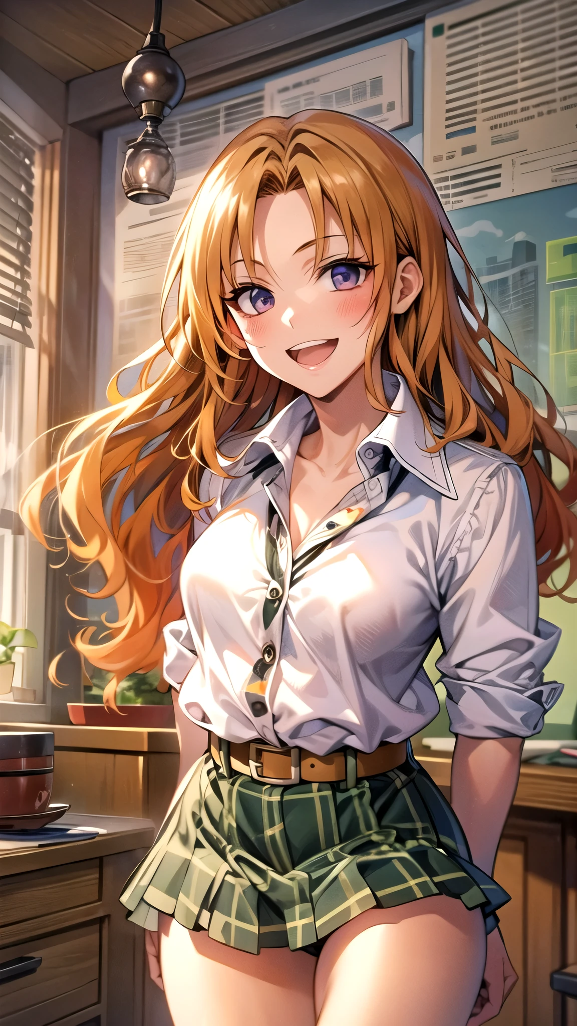 ((super high quality,))((Ultra-high resolution,))(16K,)(super masterpiece,)((Ultra HD ,))(Detailed shading,)((Full Color,))One high school girl,Short wavy orange hair,A tight-collared white shirt,Unbutton up to the third button,Cream colored sweater vest,Short sleeve,Green plaid mini skirt,White loose socks,smile,Park in the morning sun,