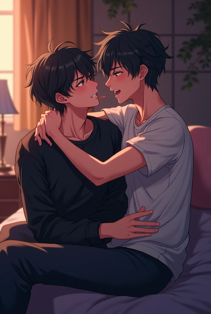 A dark-haired boy with wavy hair kisses another boy where the dark-haired boy is sitting on the other's legs