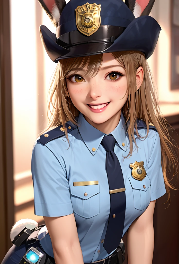 A cute, smiling woman with adorable bunny ears on her head, dressed in a police uniform. The image features a close-up of her face, with a warm and charming smile. The bunny ears add a playful touch, creating an interesting contrast with the seriousness of the police uniform.