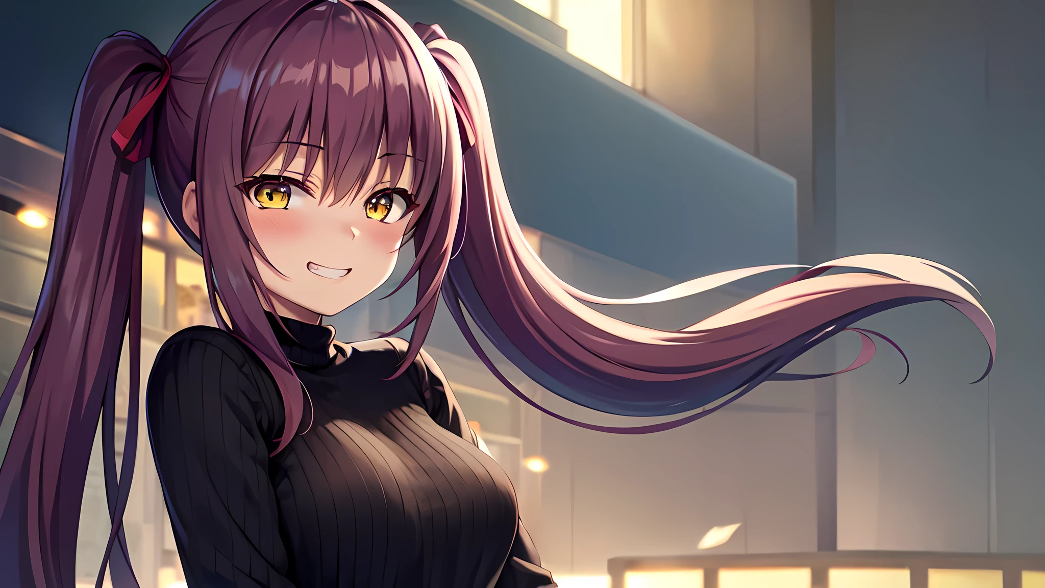 Detailed yellow eyes, dynamic lighting, Masterpiece, best quality, grin, a girl in casual sweater, ribbed fabric, black sweater, blush, standing, close up, upper body, from side, (twintails), (long hair), highres, casual, soft lighting, floating hair, blush, backlighting, long sleeves,