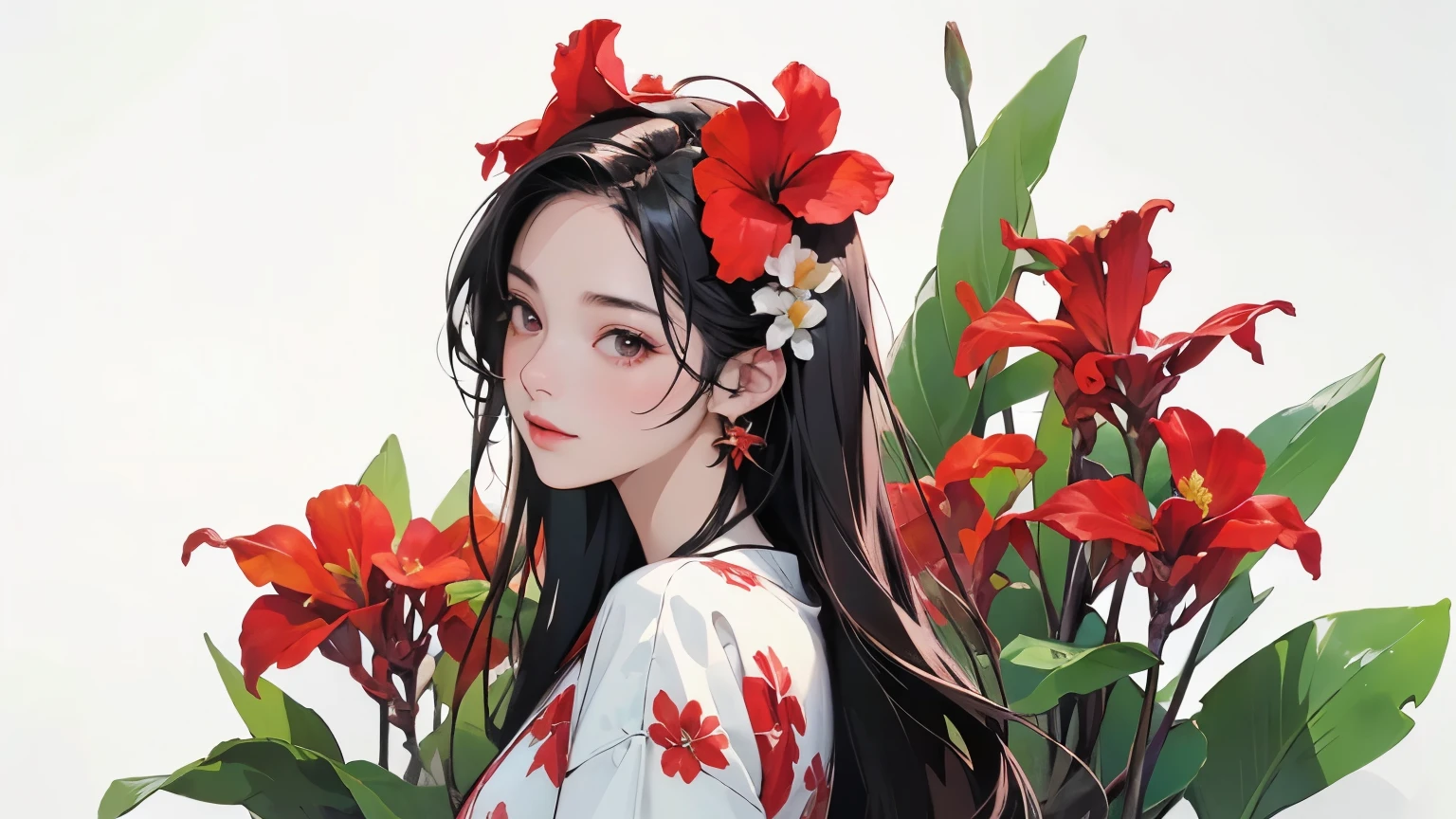 (Highest quality、masterpiece、High resolution)、4K Anime Art、((Background Art))、(((Only tropical flowers and plants are depicted)))、(Red canna flowers blooming)、((White Background))、