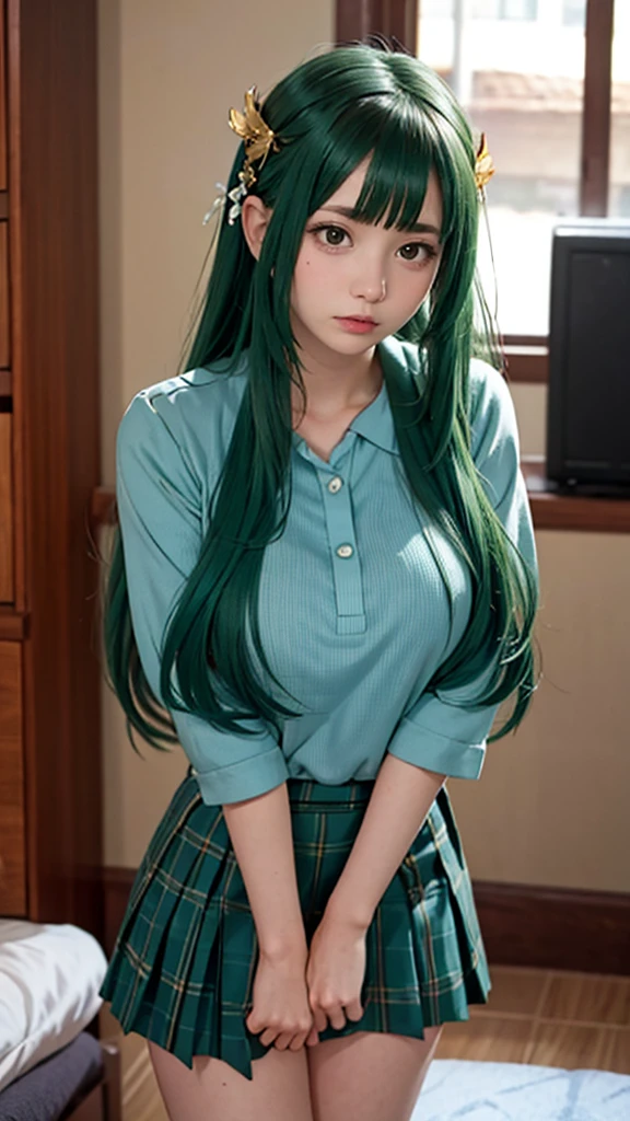 Hot girl, green hair, green eyes, sexy pose, black school clothes, mini skirt
