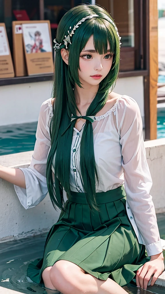 masterpiece, best quality, <lora:sanae:1>,1girl,kochiya sanae,smile, long hair,green hair,green eyes,frog hair ornament, hair tubes,snake,bare shoulders,detached sleeves,shirt,skirt,hand on hip,