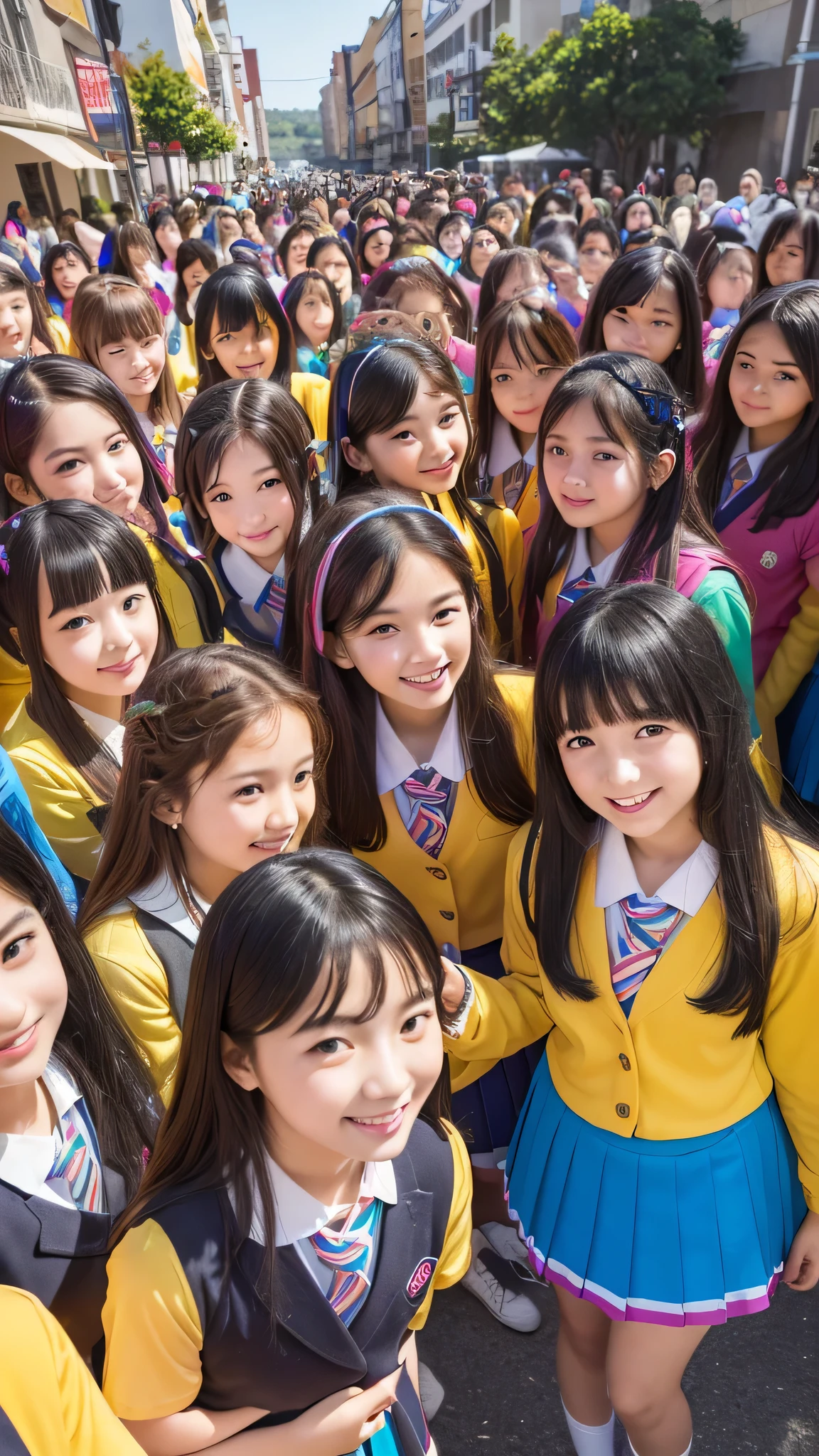 masterpiece, Highest quality,Very detailed,High resolution,(Realistic,photoRealistic:1.37),Excellent anatomy,RAW Photos、(((Photographed from diagonally above)))、(((Surreal, A colorful, dreamy landscape))),(((multiple girl))),((((6+girl)))),((((100girl)))),(((1000girl)))、((((100 Girls))))、(((Crowd Shot))),women only、All the same face、Cute and beautiful face、All 1、(((brightly colored school uniforms)))、(((Colorful super mini skirt)))、Very colorful hair color、Long Hair、bangs、100 cute girl、smile、Incredibly psychedelic and colorful classrooms、(((Large Groups)))、high school student