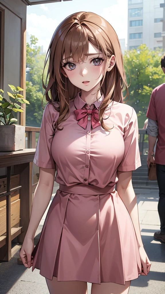 {{Girl, bule}}, Looking at the audience, Hazel eyes, Extremely detailed, Brown hair, Pink clothes, Bully, Impolite girl, Strong Girl, schoolgirl, Bruising, scar, Happy, best quality, high quality, Extremely detailed anime screencap, whole body