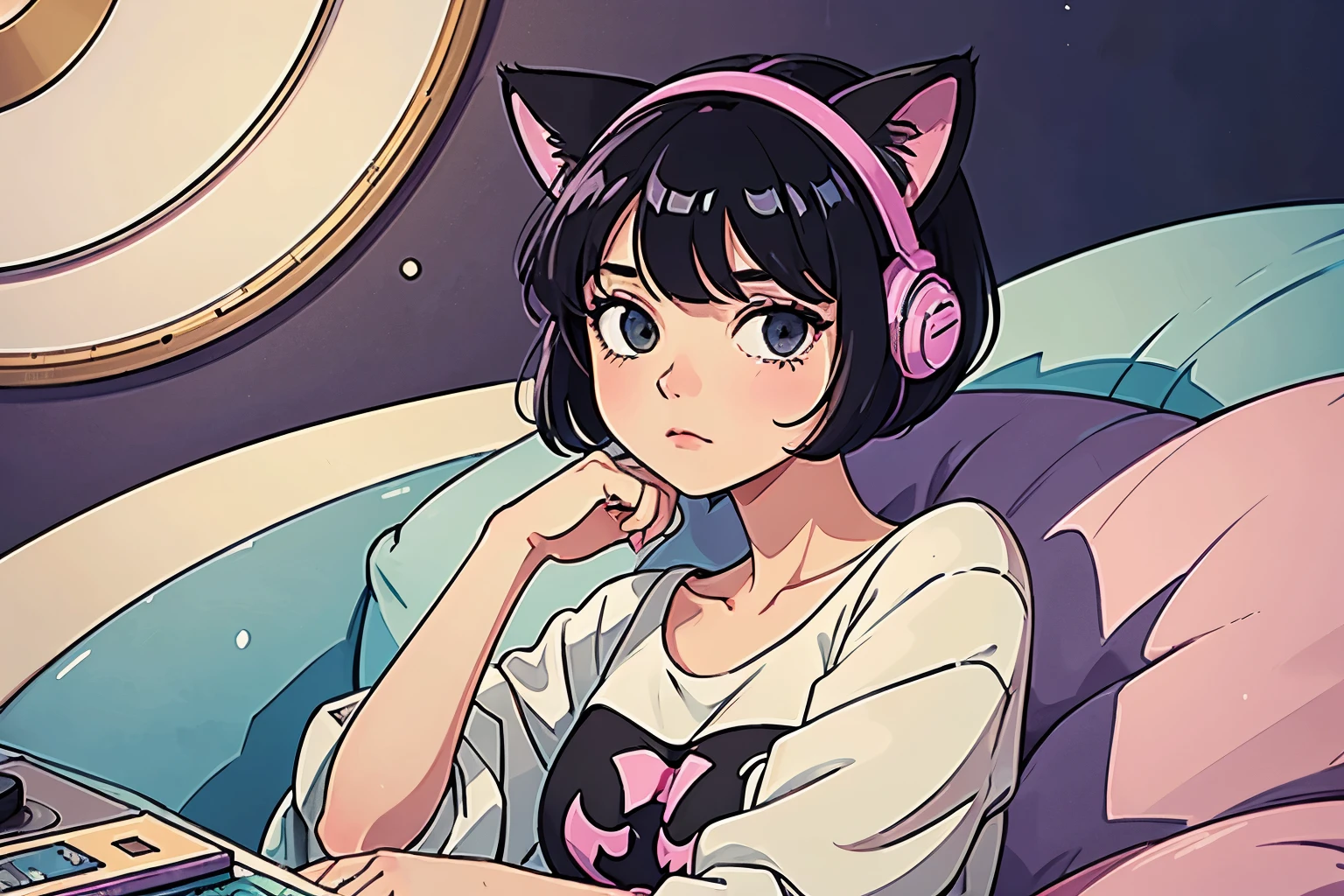 A girl with short black hair and cat ears, shiny hair with a relaxing atmosphere, listening to music, and the detailed and vibrant colors, reflecting an 80s and 90s anime aesthetic, mixed with a touch of Fujifilm aesthetics. The girl has beautiful eyes, and the entire composition is in 4K, capturing the lofi aesthetic with a soft and tranquil atmosphere.