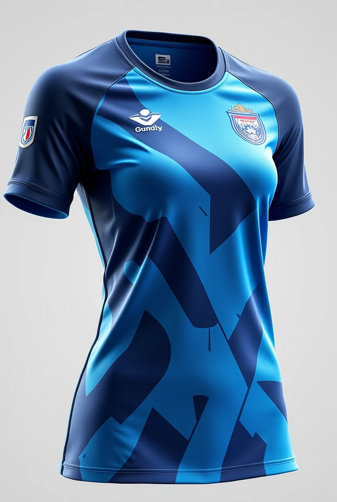 Create a women&#39;s volleyball uniform with the colors blue, white and orange, and that it has the symbol of innova schools in anime 