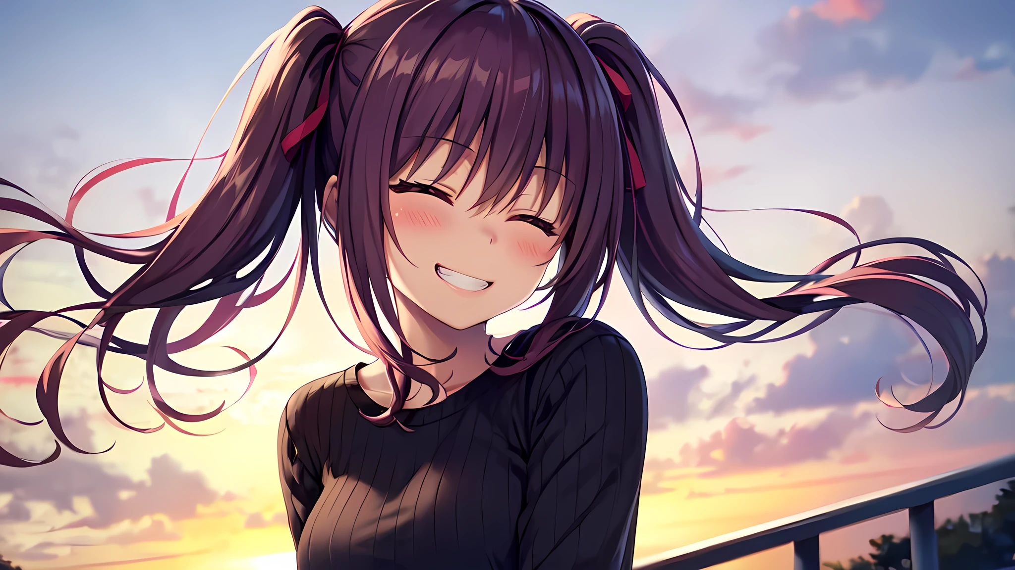 Closed eyes, dynamic lighting, Masterpiece, best quality, grin, a girl in casual sweater, ribbed fabric, black sweater, blush, standing, close up, upper body, from side, (twintails), (long hair), highres, casual, soft lighting, floating hair, blush, backlighting, long sleeves,