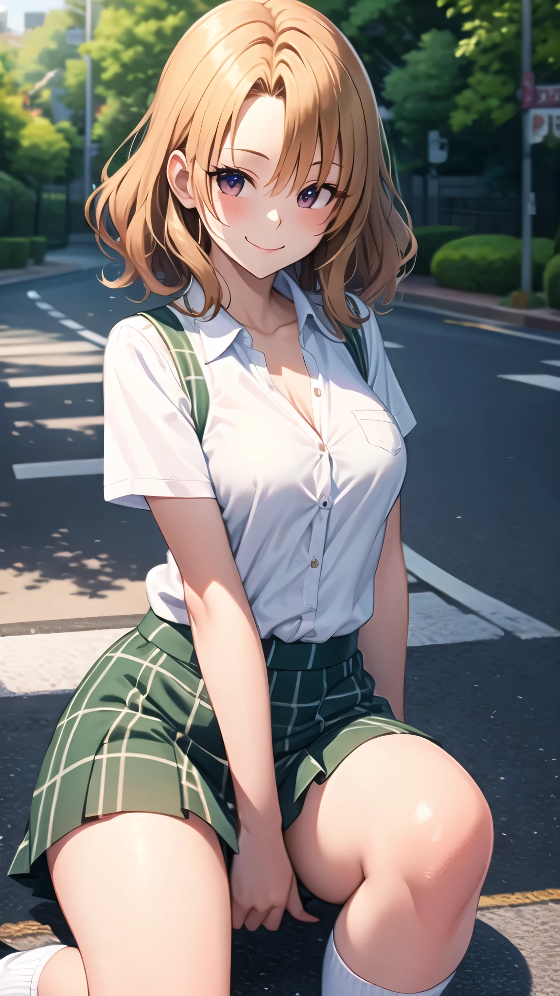 ((super high quality,))((Ultra-high resolution,))(16K,)(super masterpiece,)((Ultra HD ,))(Detailed shading,)((Full Color,))One high school girl,Short wavy orange hair,A tight-collared white shirt,Unbutton up to the third button,Cream colored sweater vest,Short sleeve,Green plaid mini skirt,White loose socks,smile,Park in the morning sun,