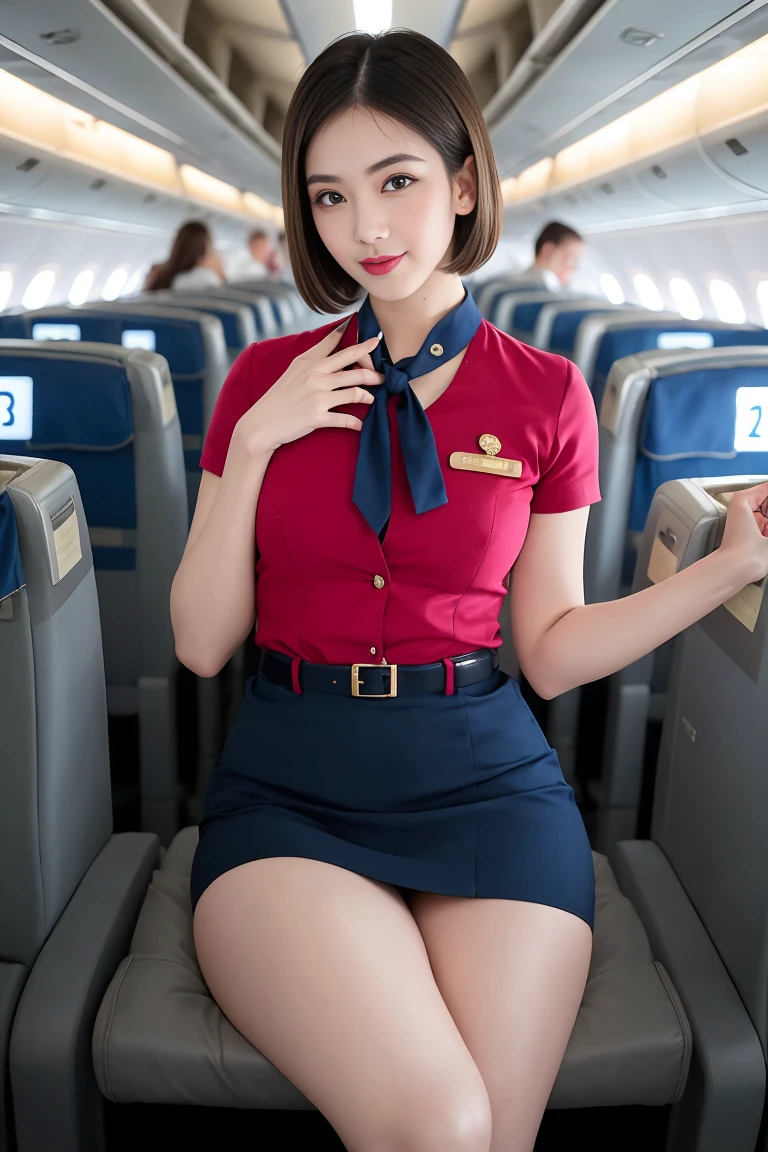 masterpiece, high-detail, the most pornographic airline stewardess in the world, ((pornographic)), in air hostess costume, brunette short hair, bob hairstyle, legs, ((( medium Breasts 1.9))) thick thighs,wide hips, Air hostess dress, slim body, smile lips, ((air hostess)) (UHD, 8K wallpaper, High resolution), Cinematic lighting, physically-based rendering, award-winning, extremely detailed skin, extra detailed face, high detail eyes, Carl Zeiss 85 mm F/1.4, by Ellen von Unwerth