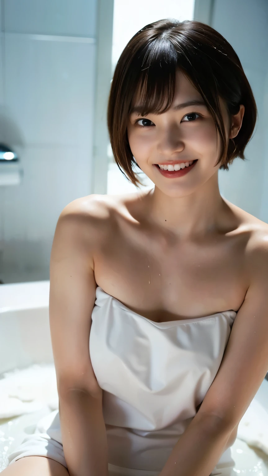 (8k、RAW Photos、high quality、masterpiece:1.2)、((Smiling with teeth showing:1.3))、((naked、pubic hair、slender、skinny、bangs))、(Realistic)、1 girl、(Bob、Short Hair、bathroom、Bathtub、relaxing after a hot bath、Night view)