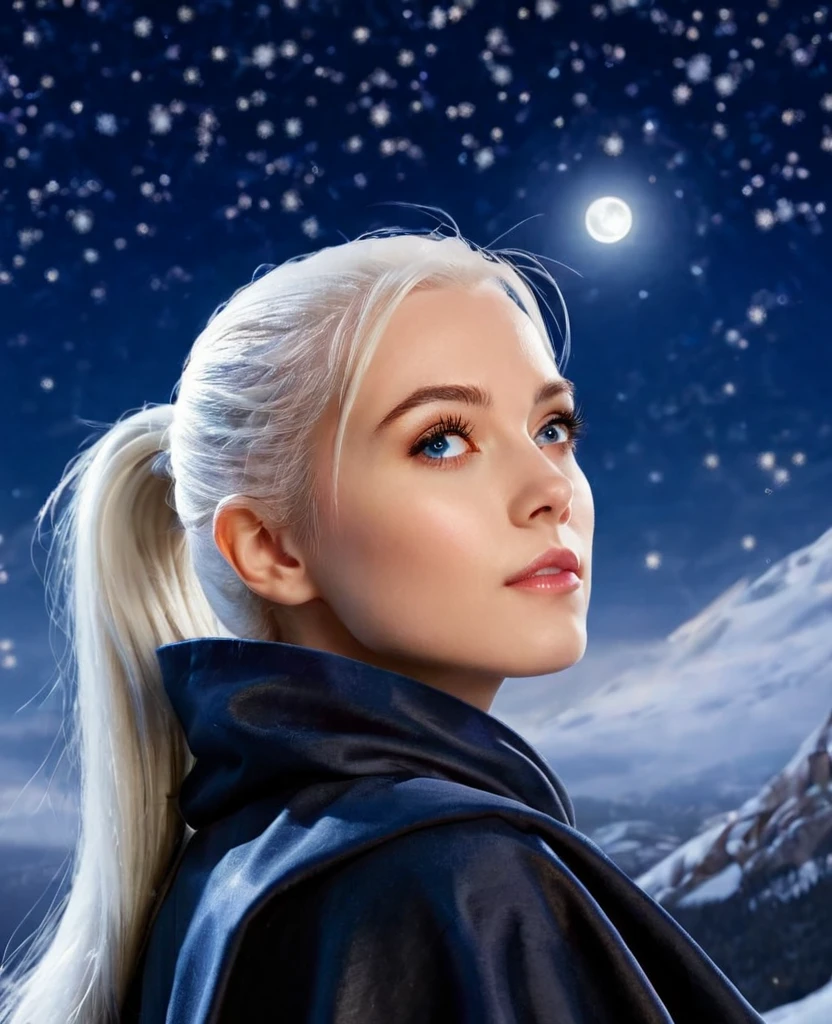 Masterpiece, (Best Quality: 1.2), (Super Fine: 1.2), Illustration, (Extremely Delicate and Beautiful: 1.2), Film Angle, Floating, (Beautiful Detail Eye: 1.1), (Detail Light: 1.1), Film Lights, Delicate Sky, Woman, White Hair, Blue Eyes, (High Ponytail: 1.1), Cloak, Glowing Eyes, (Moon: 1.2), (Moonlight: 1.1), Starry Sky, (Light Particles: 1.1), Fog , snow painting, sketching, blooming