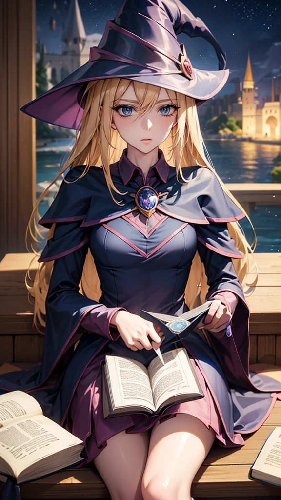 dark magician girl, masterpiece, best quality, (1 Girl), Solitary, (water), Long hair, Blonde Hair, Blue headdress, Wizard Hat, Spellcasting, castle, castle:2, Motion Blur, Book, magic, (moonlight:1.2), Chromatic Aberration, Depth of Field, Soft lighting, The face is rich in detail, Very detailed eyes, 