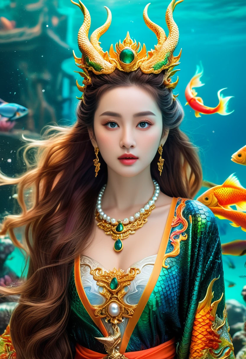photography, woman, gigantic breasts, cleavage, java wedding woman in black kebaya dress traditional and batik skirt, looking at viewer, jewerly and hair on hair, brown lipstick, golden necklace, earrings, ornate, detail, flowers, blurry background, soft focus, mermaid, mermaid tail, water, underwater