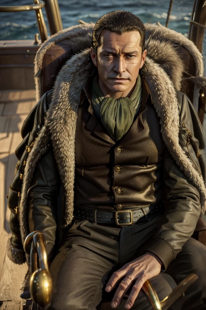 masterpiece, best quality, extremely detailed, hyperrealistic, photorealistic, a cool 40s man, ultra detailed face:1.2, fur-trimmed coat, scarf around the neck, his left hand is a golden pirate hook:1.1, sea:1.2, on battle ship, sitting, calm
