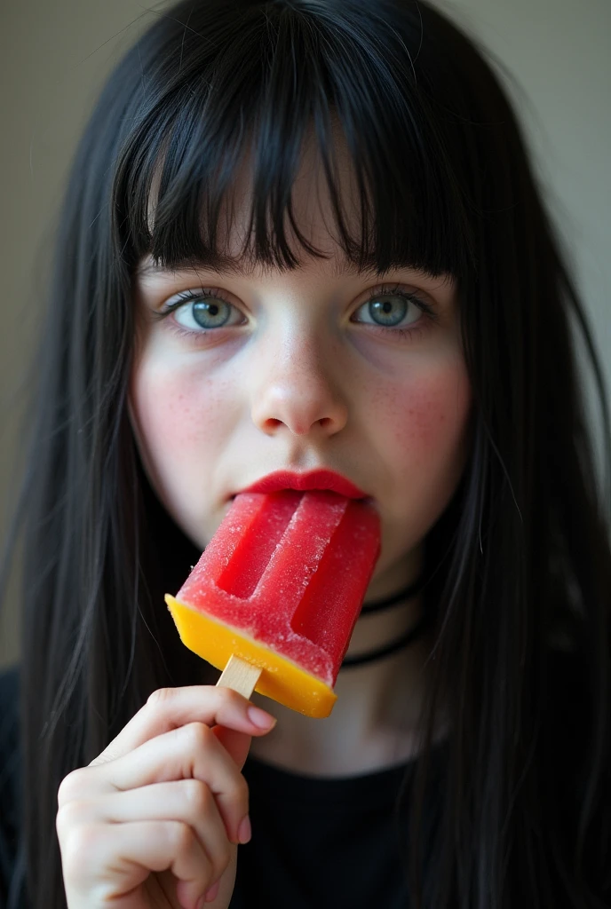 Billie Eilish licking a frozen carrot while looking into your eyes