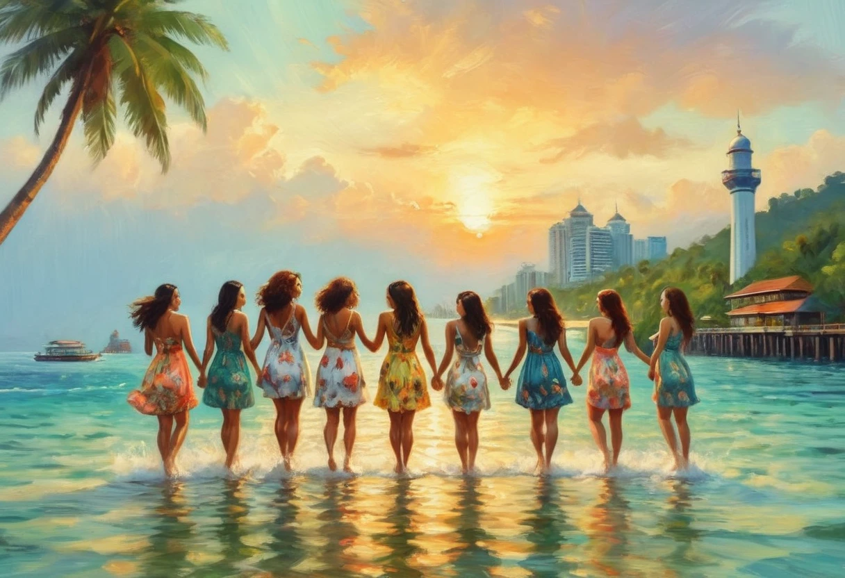 a group of beautiful women, cute girls in summer dresses, kissing, hugging, taking selfies, diving into the water, pier in Malaysia, tropical beach, summer vacation, golden sunset, lush greenery, sparkling ocean waves, vibrant colors, photorealistic, high quality, detailed, cinematic lighting, dynamic composition, romantic, cheerful, playful