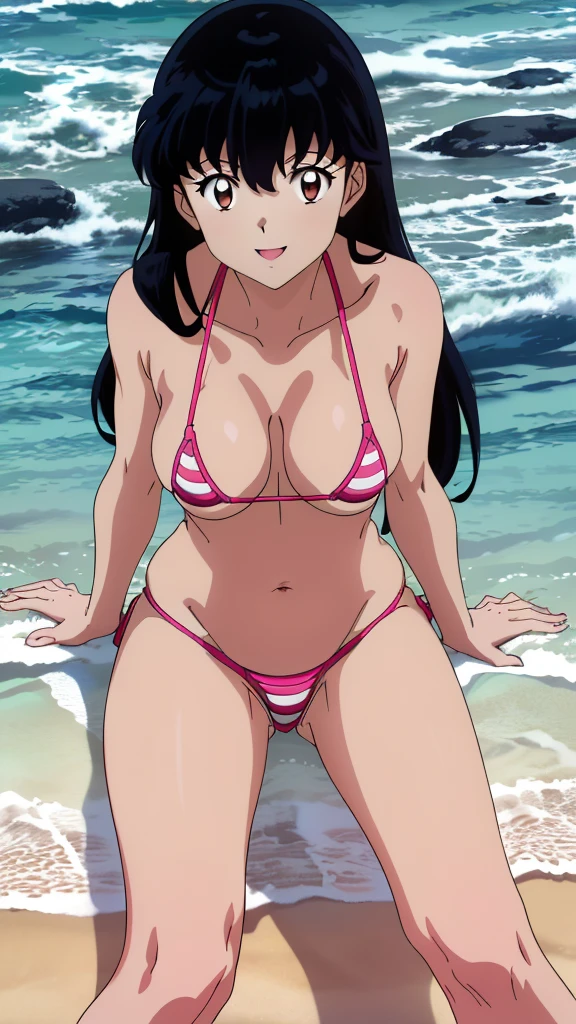 (masterpiece, 4K, Highest quality, anime style: 1.9, Detailed face, cute, Ocean,bold, High resolution, anime, Lake 4. alone, Curvaceous, Very slim belly, Cowboy Shot, 1 girl,,(Pink striped micro bikini),,smile,Please open your mouth wide,View your audience,Big Breasts,Naked in a swimsuit,Kagome Higurashi.Black Hair,Brown eyes,Accurate limbs,Looking into the camera,(((Sit on the beach with your legs spread,M-shaped legs)))