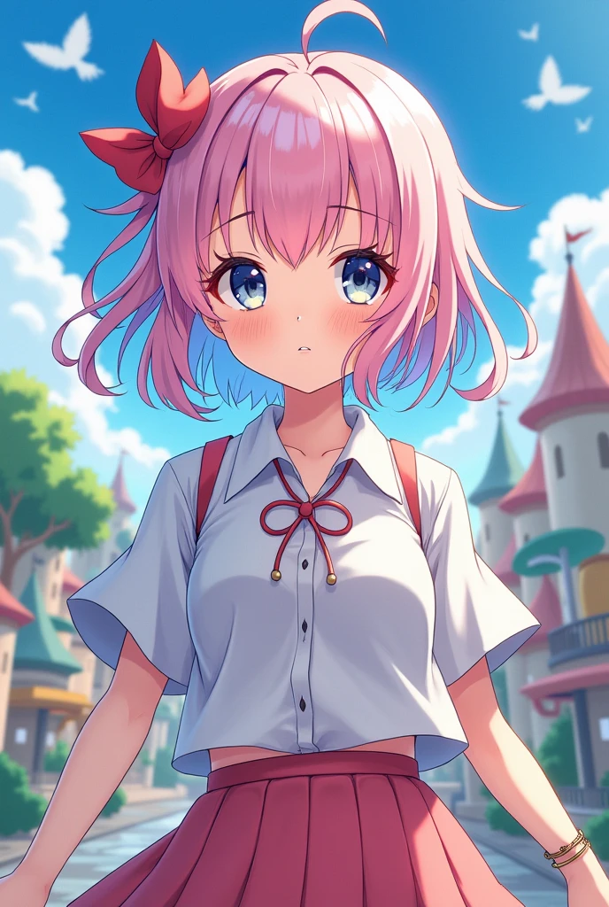 masterpiece, Highest quality, High resolution,(throw_hand grabbing chest),,One girl, One boy,Age difference,bow tie,Blonde,chest,Long Hair,Pink Hair,pleated skirt,Tucked in shirt,short hair,skirt,smile,Tent shirt,amusement_garden,breasts grab