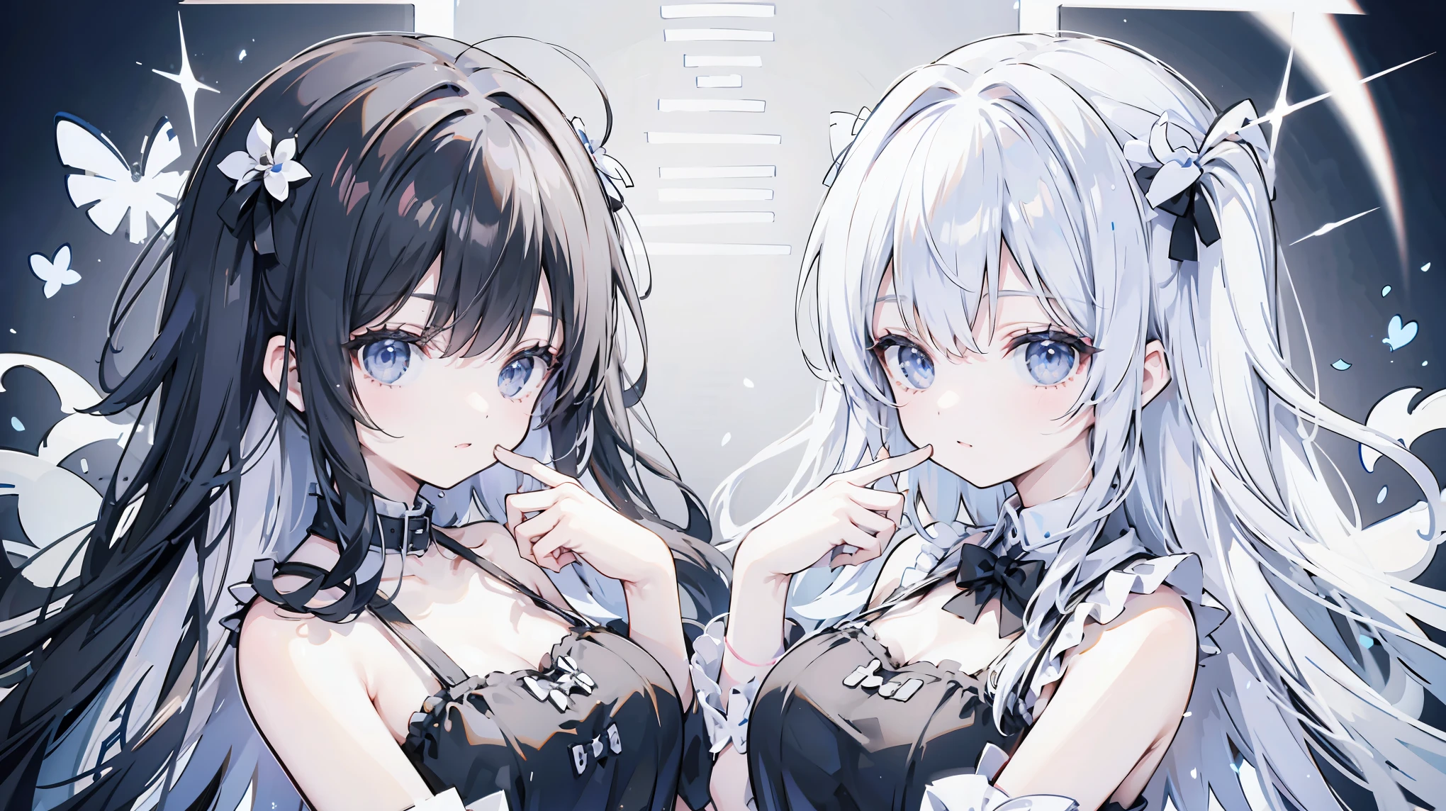 2girls, angel and devil, facing another, mouth to mouth feeding, (white hair, red eyes:1.2), (black hair, blue eyes:1.2), glint, gradient eyes, panorama, upper body, cropped torso upper body,8K