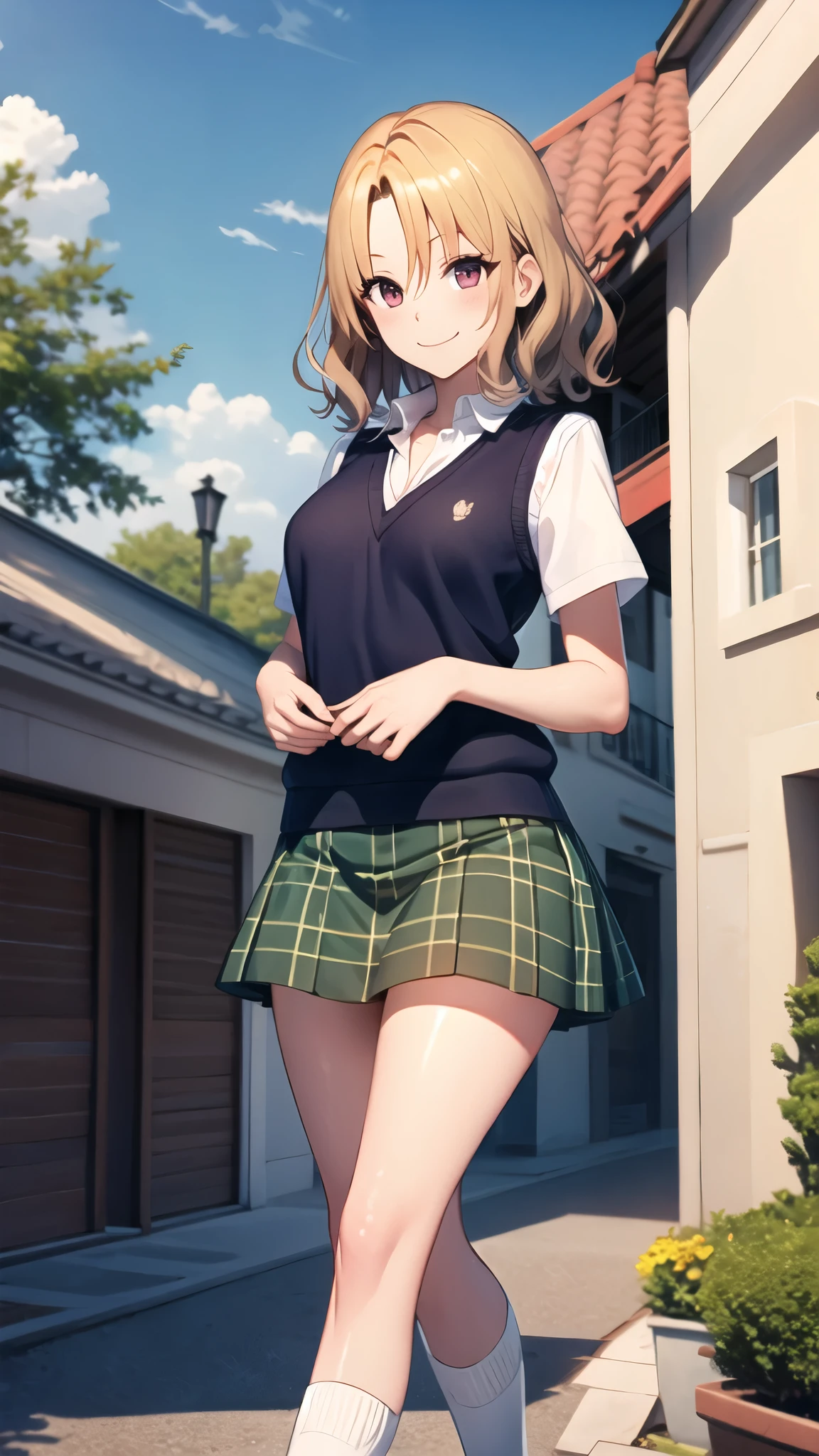 BREAK (masutepiece:1.2), Best Quality, High resolution, Unity 8k壁纸, (Illustration:0.8), (Beautiful detailed eyes:1.6), extra detailed face, Perfect Lighting, extremely details CG, (Perfect hands, Perfect Anatomy),​masterpiece, top-quality, AliceKV4, 1girl in, 独奏, looking at the viewers, A smile, parody, skirt by the, 校服, neck tie, sockes, Plaid, knee high, plaid skirts, stripe tie, ((The upper part of the body)), Sweater Vest, plein air, city alley, natta, Professional Light、(Skirt lift:1.3), (White panty:1.3)、(Skirt that rolls up:1.3)、(Fully exposed panties:1.5)