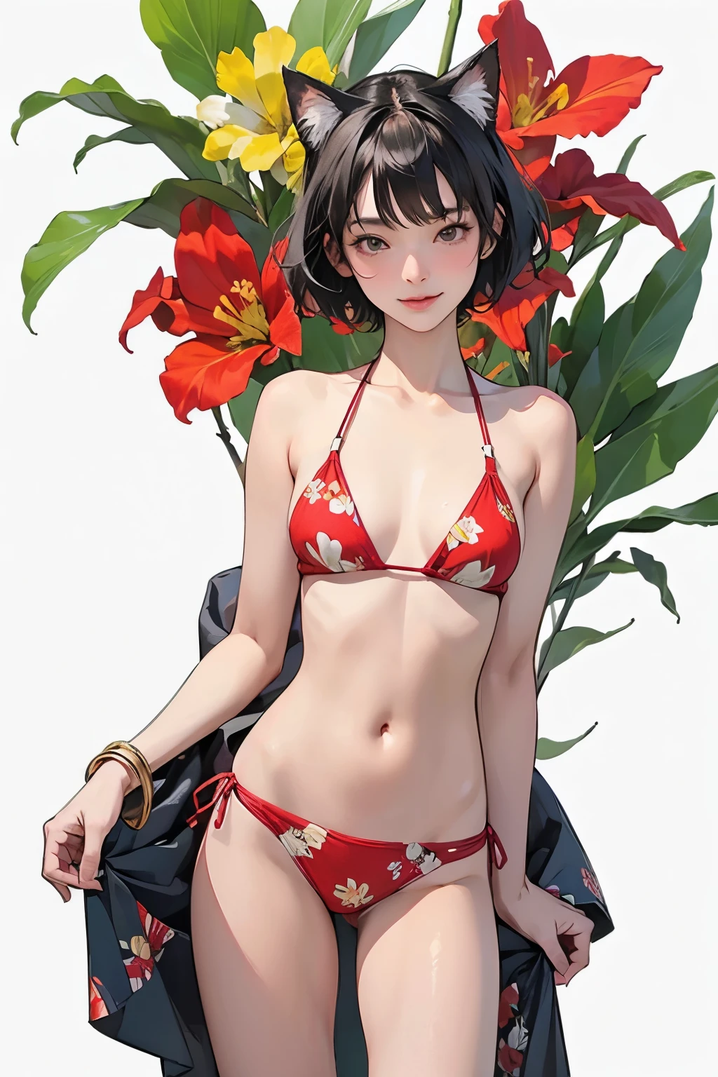 (Highest quality、masterpiece、High resolution)、4K Anime Art、((1 person))、(Beautiful Japanese Woman、20-year-old)、((whole body))、(natural standing posture)、 (Detailed depiction of a beautiful face)、smile、Small breasts、Slim figure、(Cat ear)、Medium Short Hair、Bobcut、(Ethnic print and primary color bikinis)、Tropical flowers and plants、(Red canna flowers blooming)、((White Background))、