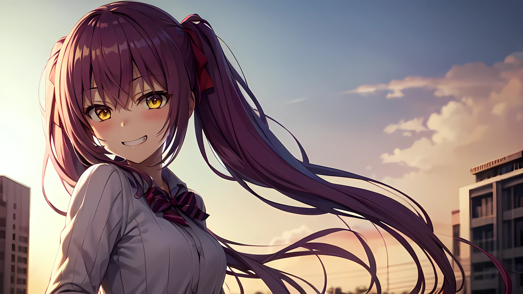 Detailed yellow eyes, dynamic lighting, Masterpiece, best quality, grin, a girl in casual sweater, ribbed fabric, white sweater, blush, standing, close up, upper body, from side, (twintails), (long hair), highres, casual, soft lighting, floating hair, blush, backlighting, long sleeves,