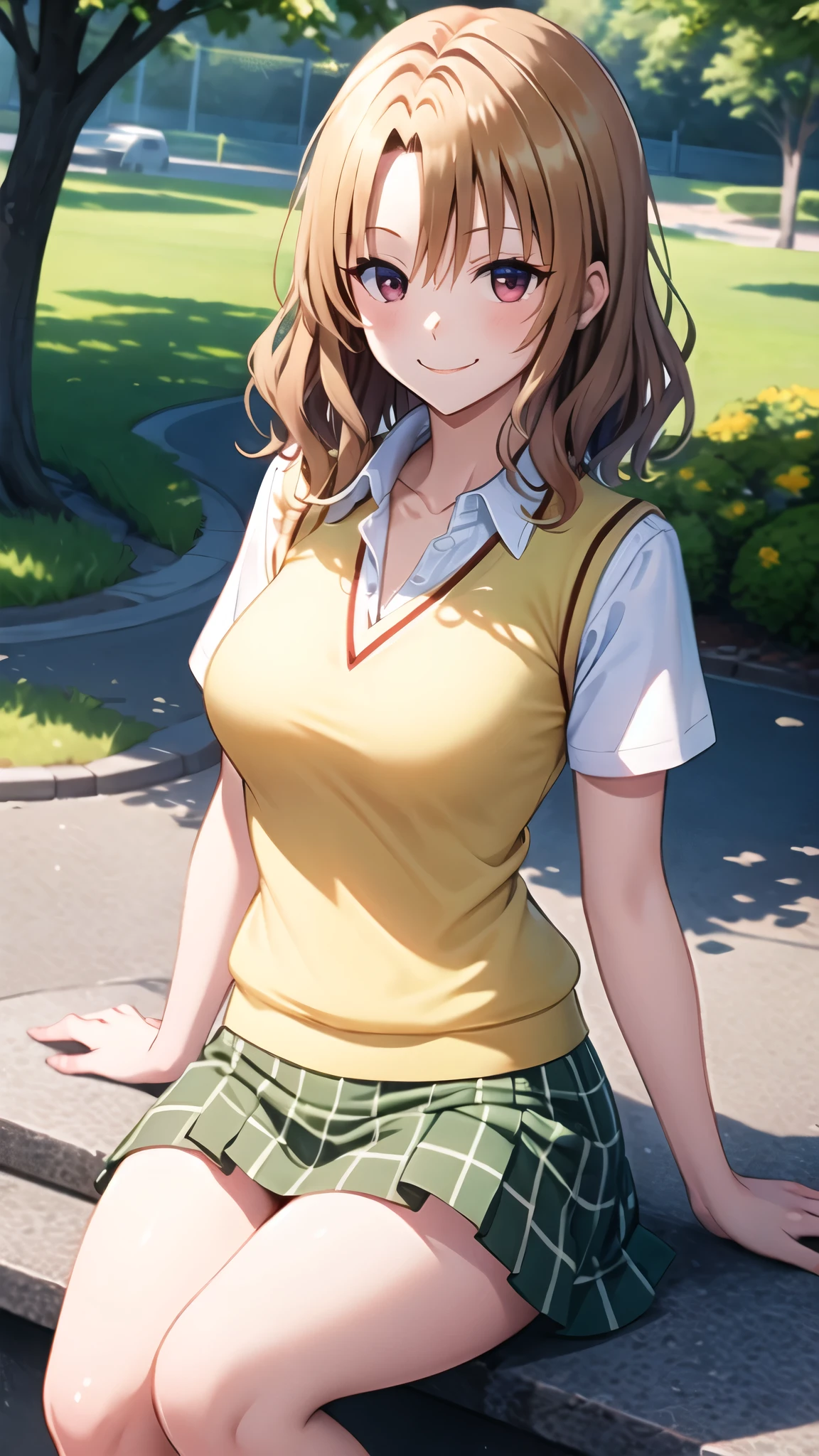 （（super high quality,））（（Ultra-high resolution,））（16K,）（super masterpiece,）（（Ultra HD ,））（Detailed shading,）（（Full Color,））One high school girl,Short wavy orange hair,A tight-collared white shirt,Unbutton up to the third button,Cream colored sweater vest,Short sleeve,Green plaid mini skirt,White loose socks,smile,Park in the morning sun,