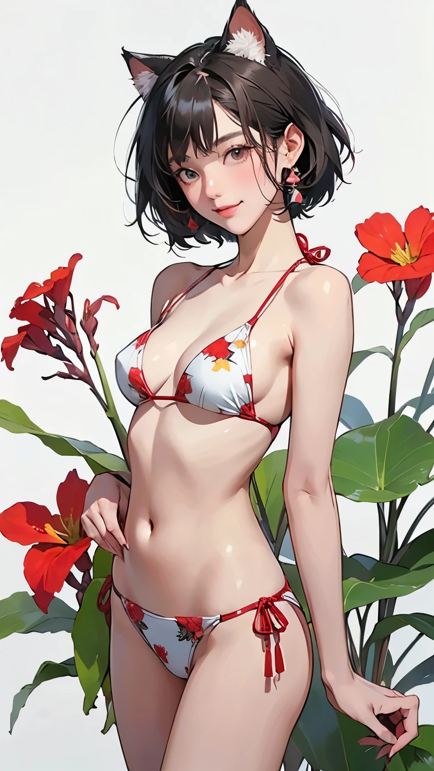 (Highest quality、masterpiece、High resolution)、4K Anime Art、((1 person))、(Beautiful Japanese Woman、20-year-old)、((whole body))、(natural standing posture)、 (Detailed depiction of a beautiful face)、smile、Small breasts、Slim figure、(Cat ear)、Medium Short Hair、Bobcut、(Ethnic print and primary color bikinis)、Tropical flowers and plants、(Red canna flowers blooming)、((White Background))、