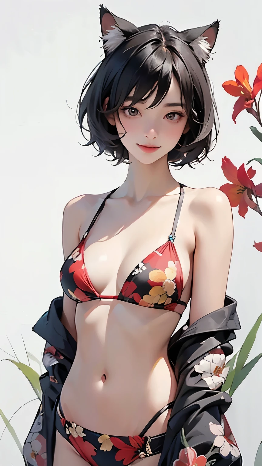 (highest quality、masterpiece、High resolution)、4K Anime Art、((1 person))、(Beautiful Japanese Women、20-year-old)、((whole body))、(natural standing posture)、 (Detailed depiction of a beautiful face)、smile、Small breasts、Slim figure、(Cat ear)、Medium Short Hair、Bobcut、(Bikinis in ethnic patterns and primary colors)、Tropical flowers and plants、(Blank Background)、((White Background))、