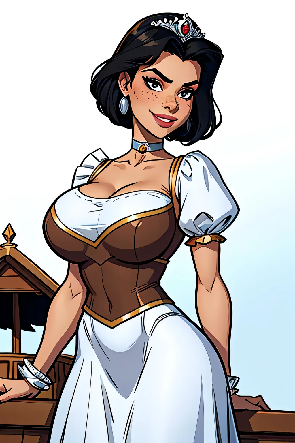Thin woman, beautiful smiling, medieval clothing with v-neck, brunette skin, brown hair with ponytail, eyes browns, busty. comic style.