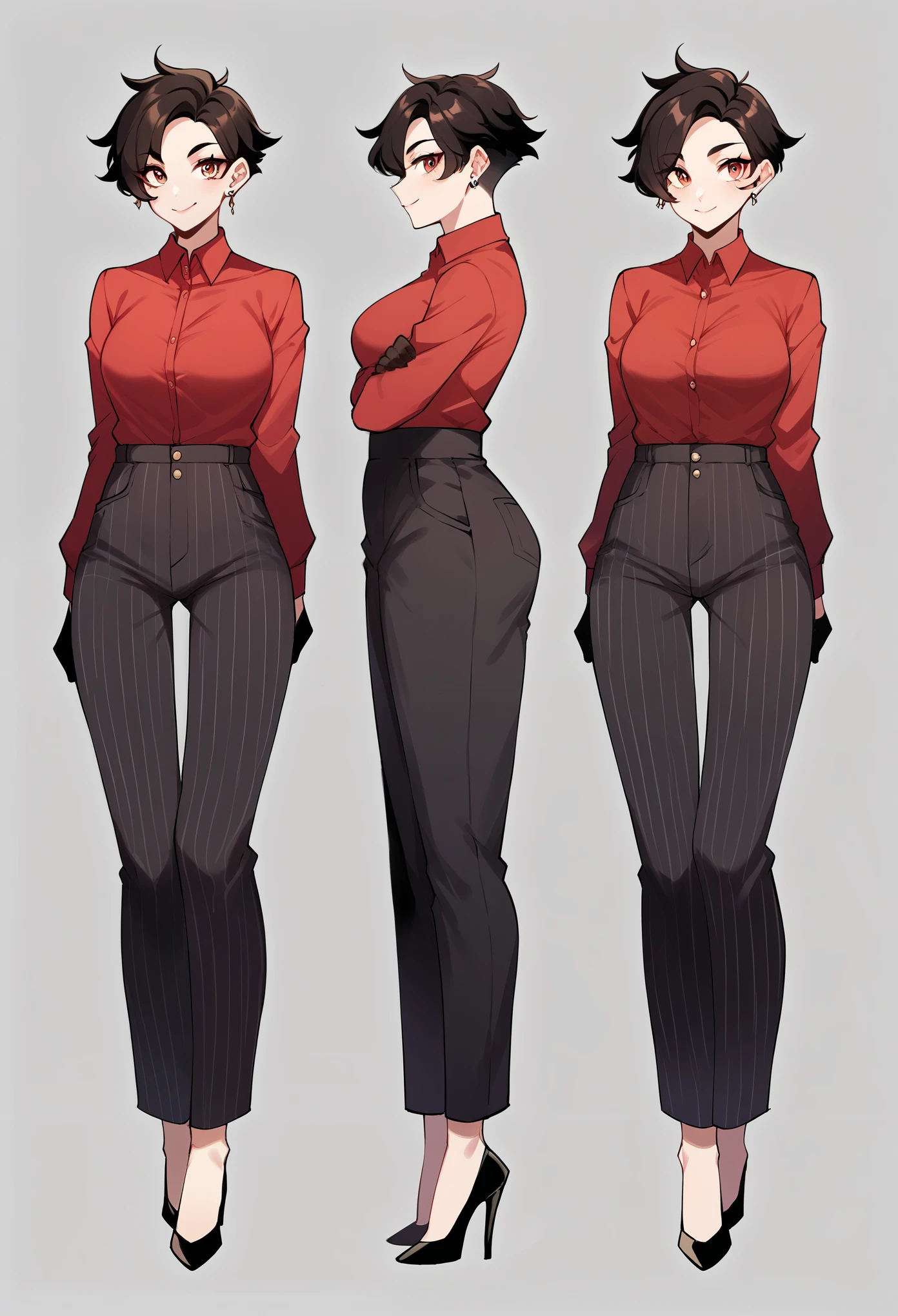 score_9, score_8_up, score_7_up, score_6_up, score_5_up, score_4_up, (source_anime), 1girl, A highly detailed illustration of a humanoid female speaker woman with a square red speaker as her head, wearing an elegant black pinstriped suit. The suit has no buttons, and no belt. Underneath the jacket, there is a red shirt visible, including the sleeves extending to the wrists. The character is standing in a confident pose with black gloves, striped pants, and low heels. The suit has subtle thin black stripes, no white or colored stripes visible. The background is neutral, with simple lighting to emphasize the character design. Full body view, no exaggerated features. A clean and professional aesthetic, ultra detailed, soft shading, dynamic composition, soft lines, The background is simple and neutral, and the character is in a dynamic pose, emphasizing his silhouette.,nyantcha,Character sheet, reference sheet, characters design sheet, different angles, reference image,
