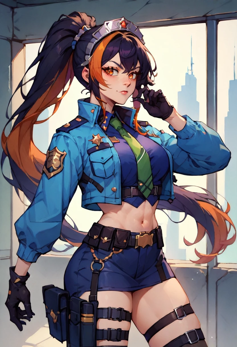 zhu yuan, orange eyes, black hair, long hair, streaked hair, ponytail, metal hairband, police uniform, blue jacket, cropped jacket, long sleeves, black vest, two-tone vest, black gloves, green necktie, plaid necktie, black pants, high-waist pants, belt, thigh straps, knee pads, holster, tight pants, blue footwear, naked, nude, medium breast, unbuttoned shirt, nsfw, standing-sex-behind, sex from behind, groaning, blush, bedroom (bed)