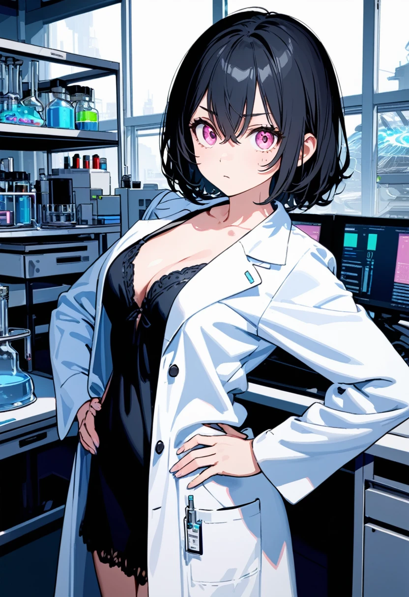 mature woman, mature face, hot face, glossy lips, (black hair, short hair, hime bangs), mature body, big breast, magenta bra, lab coat, violet panties, lab