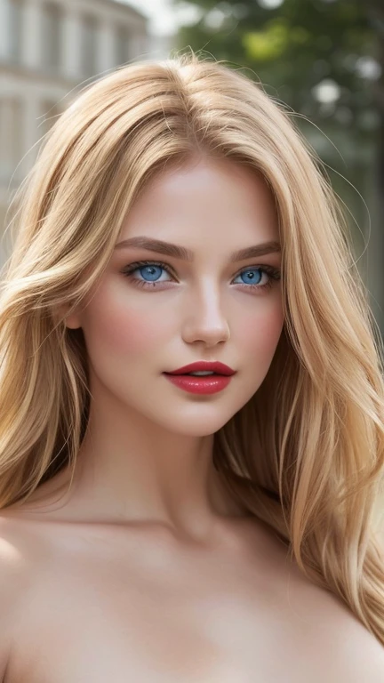 detailed woman face looking at the camera, blue eyes, hot thick red lips, mouth parted with sensuality, correct deformed fingers, photorealistic, sharpened eyes, eyes to the camera, slightly smiling