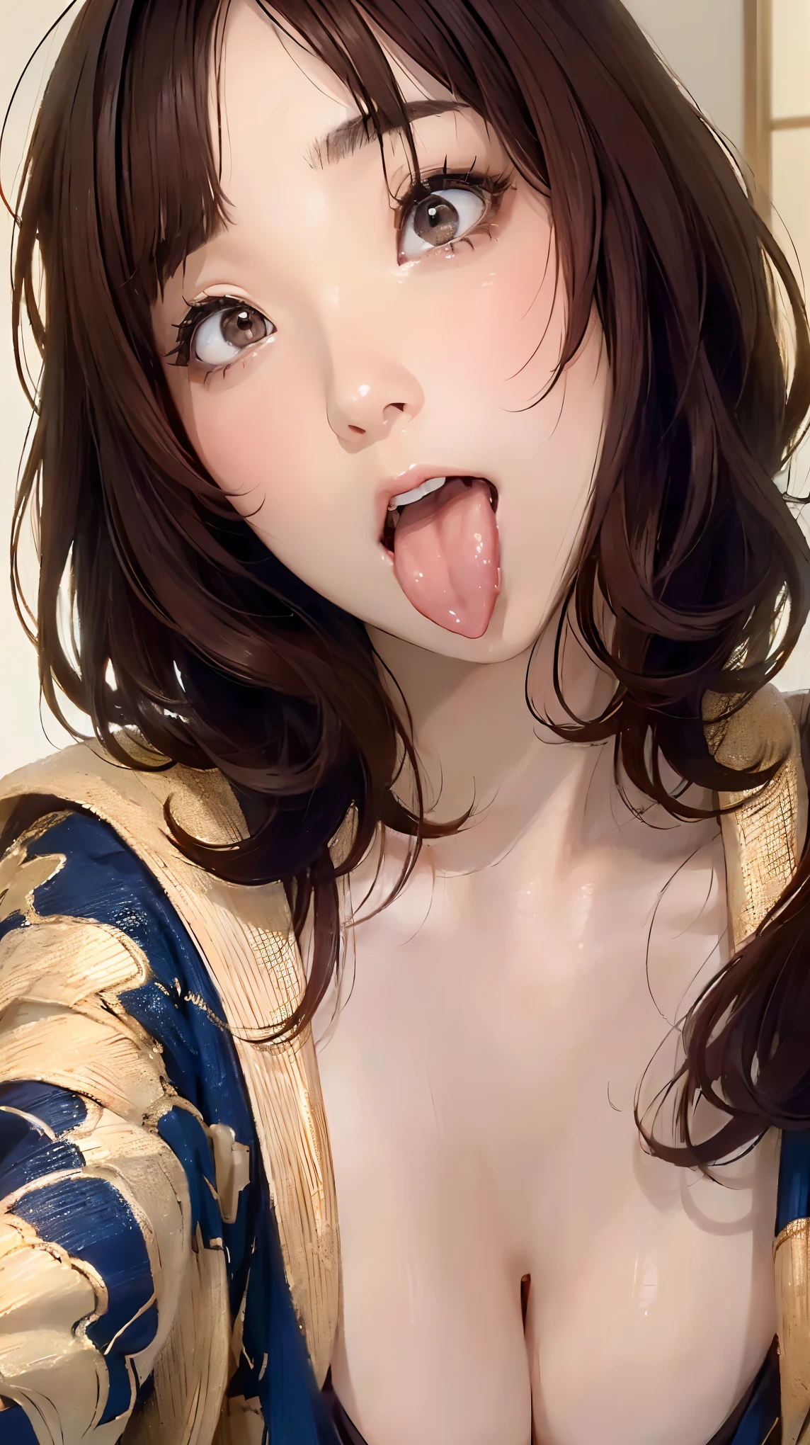 Realistic, masterpiece, Highest quality, Highest quality, (One Japanese woman:1.5), (Close up on face, Sticking out a long tongue:1.5), beautiful girl, Smiling happily, Dark Eyes, With lots of eyelashes, (Brown Hair, Bob Hair:1.3), (Cleavage:1.3), (Stand up:1.3)