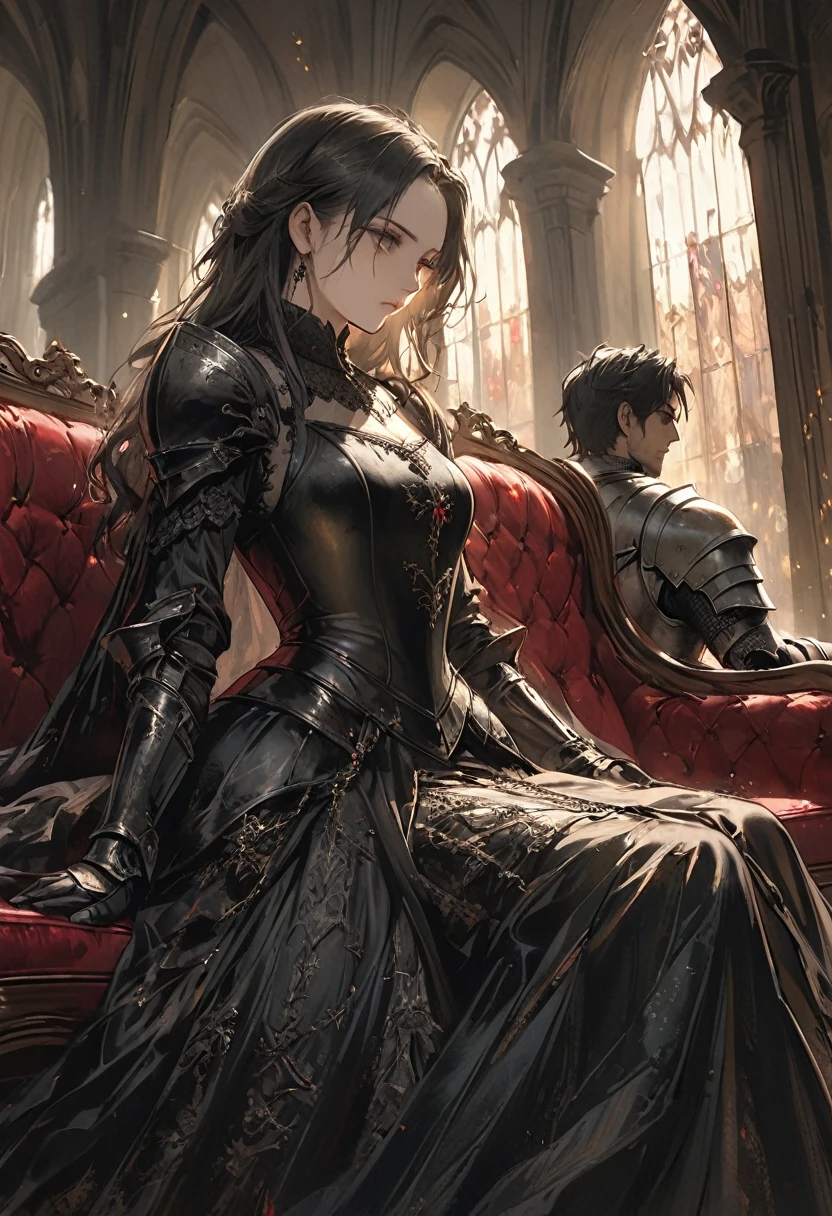 1girl and 1men,princess and knight,gothic-style scene featuring a knight in dark, ornate armor standing next to a woman seated on a luxurious red velvet sofa. The knight’s armor is detailed with intricate engravings, giving it a regal yet foreboding appearance. The woman is dressed in an elegant black Victorian gown, her expression serene and mysterious. The setting is a grand, dimly lit room with tall, arched windows casting soft light on the scene, and the gothic architecture adds to the dark, dramatic atmosphere. The knight stands protectively beside her, soul knight,evoking a sense of power and intensity, "goth girls" style