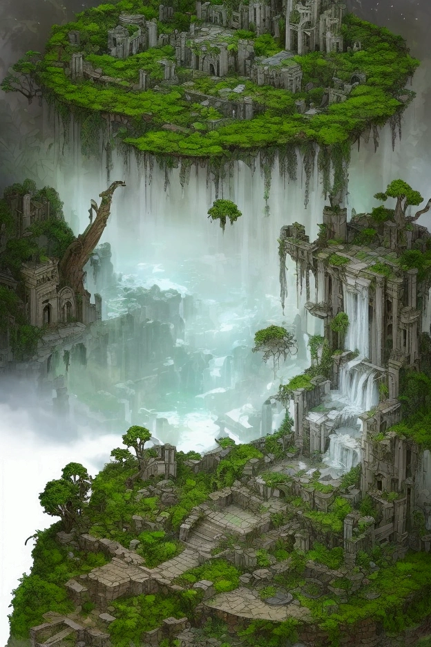 (The ruins of Rivendora evoke a sense of desolation and mystery, where nature has reclaimed its space among the debris. Once grand structures are now draped in vines and moss, with cracked stone pillars leaning precariously. The Serpentine River still flows quietly through worn channels, while small streams cut through the earth. Ancient stone paths are overgrown with dense foliage and young trees sprouting between the rubble. At the center, a sunken, partially submerged plaza holds an ancient waterfall-shaped fountain overtaken by roots, reflecting the former worship of Eldath, goddess of peace. A low mist adds an ethereal atmosphere, and the silence is broken only by the soft trickle of water. Ruined stone houses still bear fragments of carved facades, hinting at forgotten beauty, while the shadow of towering trees envelops the city in a constant twilight.)