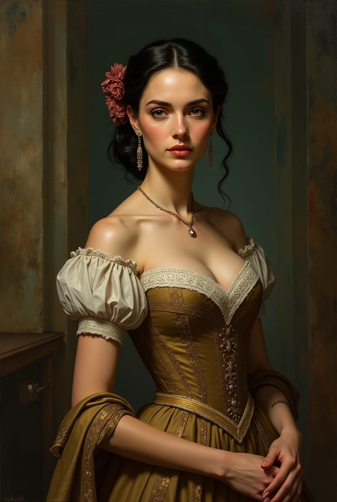 oil painting portrait of a young Keisha Buchanan , cleavage, full body portrait, renaissance outfit, bright background, heavy brushstrokes, moody, Rembrandt-style lighting, high contrast, vintage,