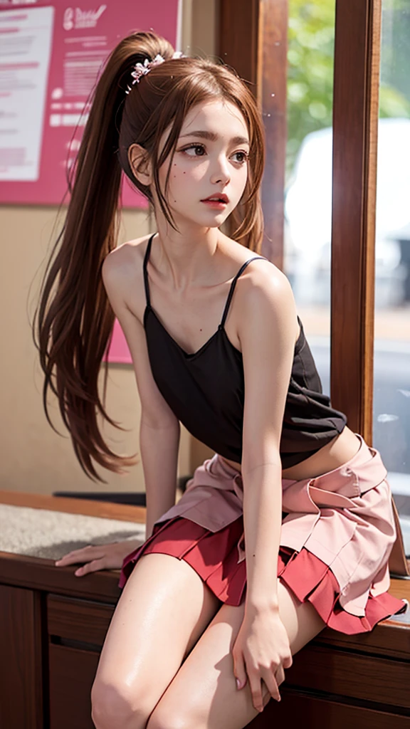 1 female, high resolution, Long hair, Ponytail, High Detail, best quality, masterpiece，Full body in camera，Thin waist，long legs，Perfect body, Exquisite and sexy clavicle, Charming oval face, Double eyelids, Lively peach blossom eyes, Pink lips, Small nose, Bare shoulders, Ultra HD, Super Detail,Short sleeves with open shoulders，Mini skirt