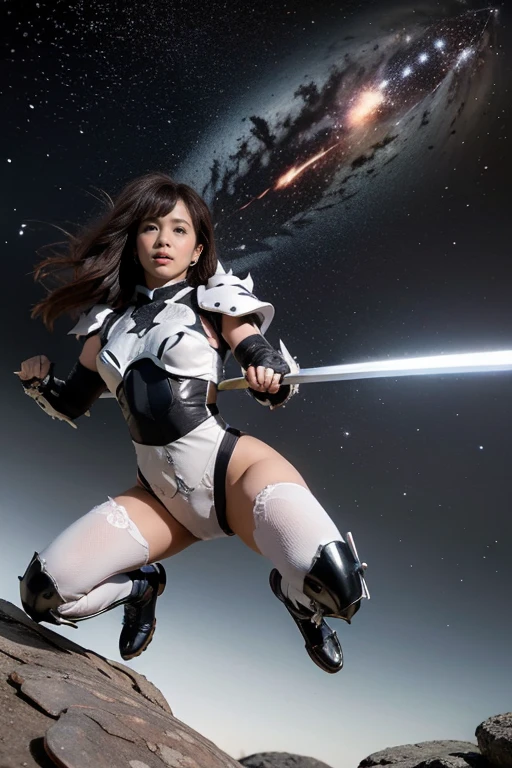 Highest quality, masterpiece, Realistic, High resolution, 8K RAW Photos, 1girl、Long Hair、goddess、Holding a decorated sword、Raise your sword、Glamour、(White bodysuit with panda motif、Gold Edge)、during、Earrings、(Action pose)、(On a rock on a planet where you can see a meteor shower)、(Many tentacles floating in the starry sky）、Panda Shield、Panda Missile、Panda Sword、Panda Armor、Attack with Panda、Panda fighting goddess、horn、