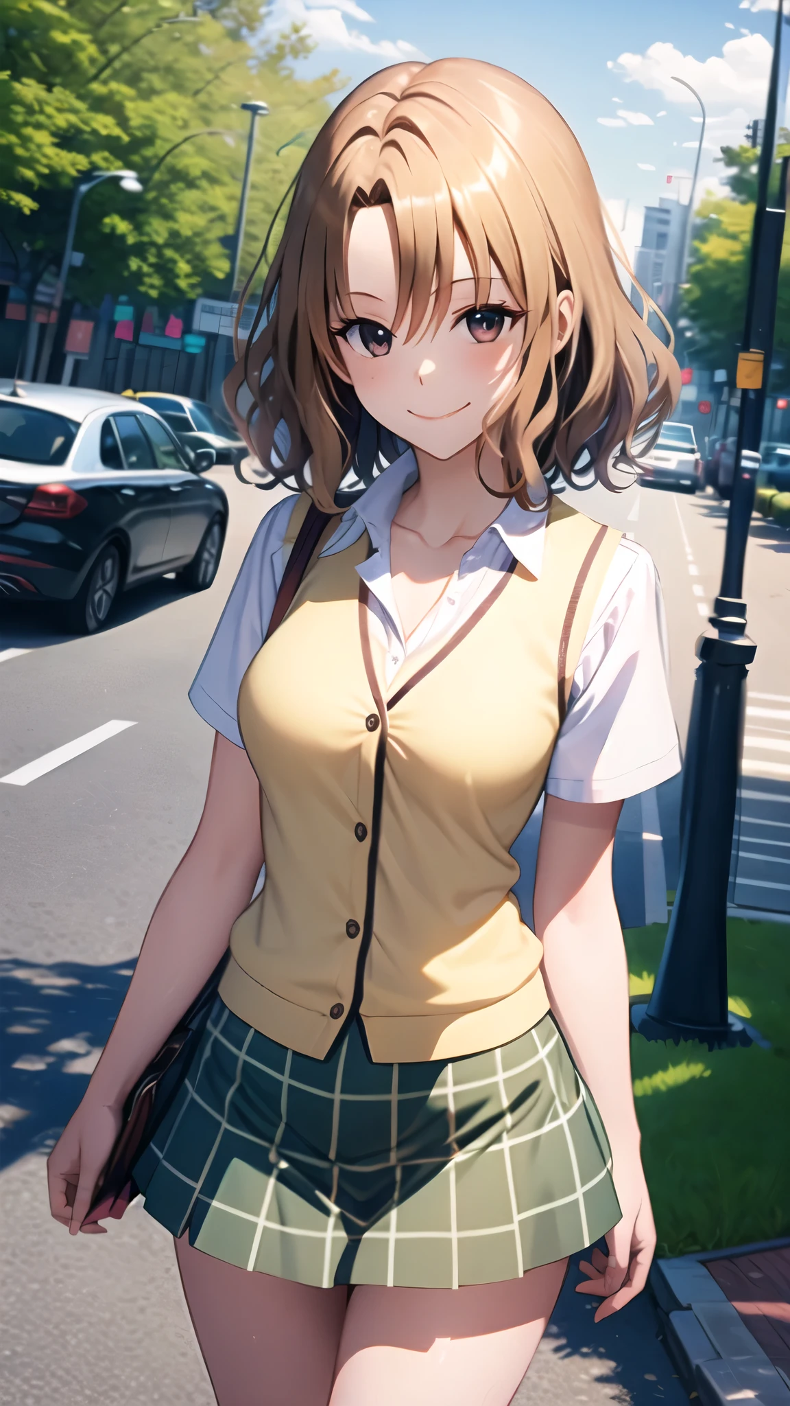 （（super high quality,））（（Ultra-high resolution,））（16K,）（super masterpiece,）（（Ultra HD ,））（Detailed shading,）（（Full Color,））One high school girl,Short wavy orange hair,Open-collar white dress shirt,Unbutton up to the third button,Cream colored sweater vest,Short sleeve,Green plaid mini skirt,White loose socks,smile,Park in the morning sun,