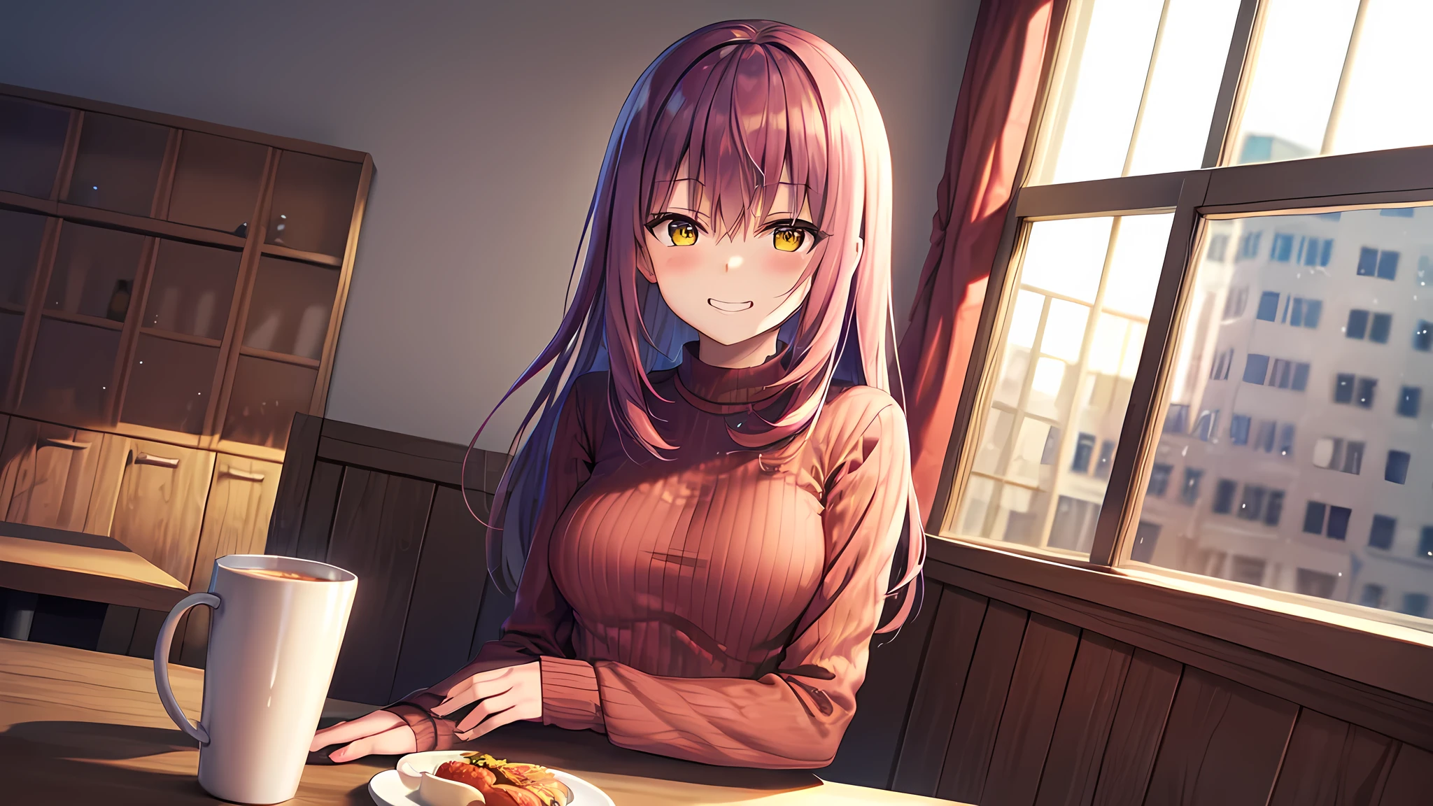 Soft looking red hair, Detailed yellow eyes, dynamic lighting, Masterpiece, best quality, grin, a girl in casual sweater, ribbed fabric, silver sweater, blush, close up, upper body, from side, (hair down), (long hair), highres, casual, soft lighting, floating hair, blush, backlighting, long sleeves, table, cafe, sitting, hands on table