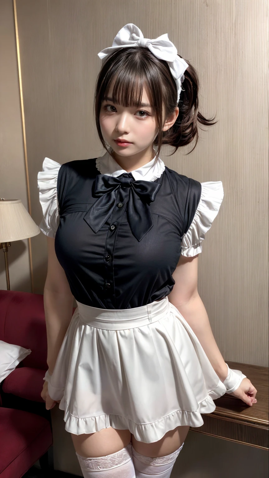 masterpiece, best quality, illustration, Super detailed, fine details, High resolution, 8K,wall paper, perfect dynamic composition,(Details High quality, realistic depiction of eyes:1.3), short hair, (wavy hair:1.2), huge breasts, hotel room, (bow ribbon, Maid, knee high socks:1.3), Aside Cutter Shirt, frill skirt, huge breasts, Don't expose it, ponytail,  black hair color, Big Natural Color Lip, perfect body shape, bold sexy pose, crying a little、Harajuku style、20 year old girl、cute type、beautiful legs, full body photo、focus on crotch, hposing Gravure Idol