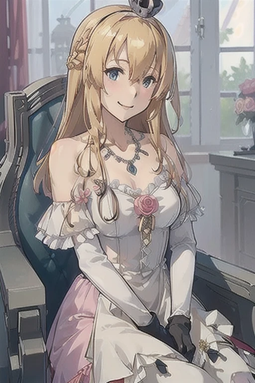 warspite \(kancolle\),((masterpiece)),(((best quality))),((ultra-detailed)),((illustration)),((disheveled hair)),((frills)),(1 girl),(solo),1girl, alternate costume, blonde hair, blue eyes, bracelet, braid, breasts, closed mouth, collarbone, crown, dress, elbow gloves, flower, french braid, gloves, hair between eyes, hairband, indoors, jewelry, long dress, long hair, looking at viewer, mini crown, necklace, off-shoulder dress, (pink dress:1.4), rose, sitting, smile, solo, white gloves, window, upper body