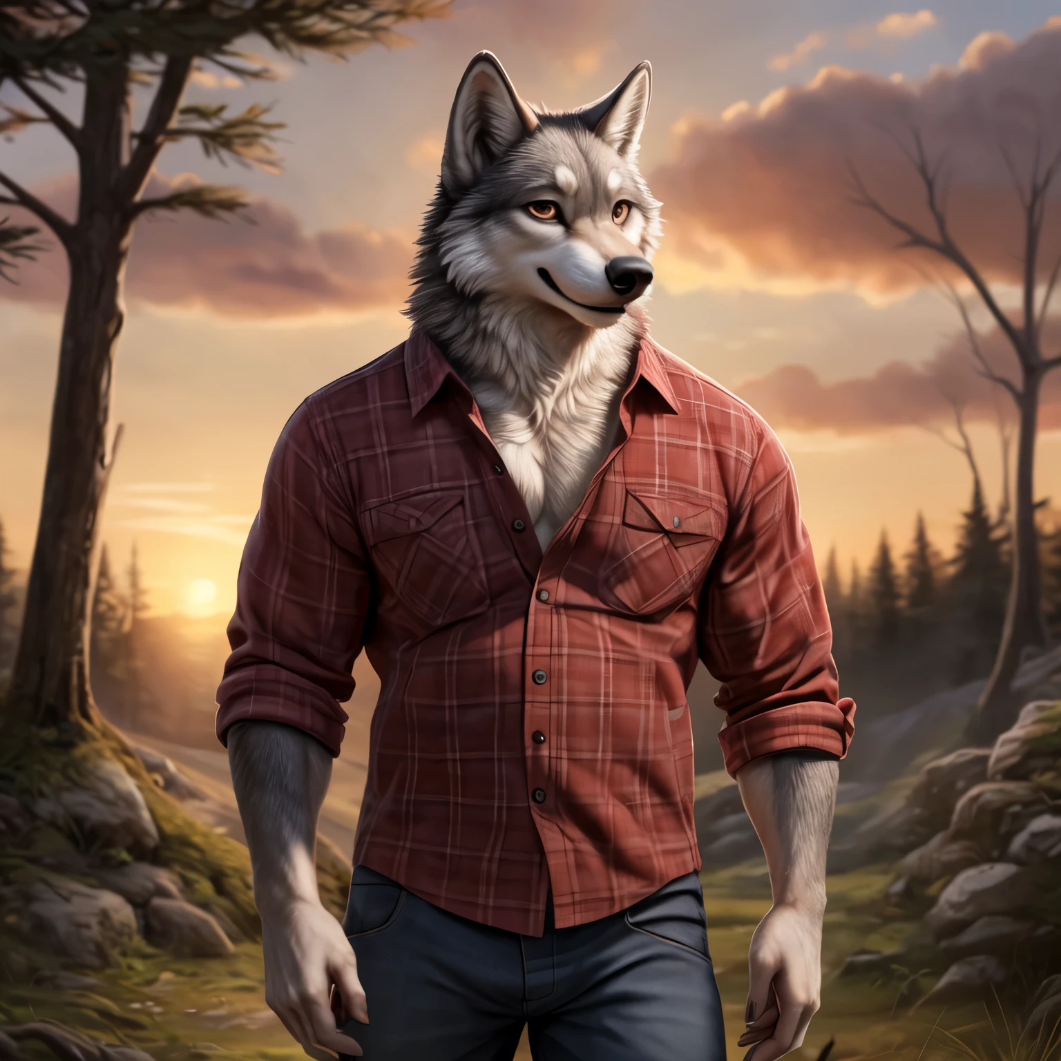 (wolf, , grey fur, white fur, muscular, soft smile, mature male, large body:1.3), (detailed face, detailed eyes, brown eyes, bedroom eyes, lidded eyes, seductive expression:1.4), (looking at viewer, three-quarter view, standing:1.3), (red lumberjack outfit, clothed:1.3), (forest, sunset:1.1),
BREAK
(best quality, masterpiece), ((realistic, raw quality))
