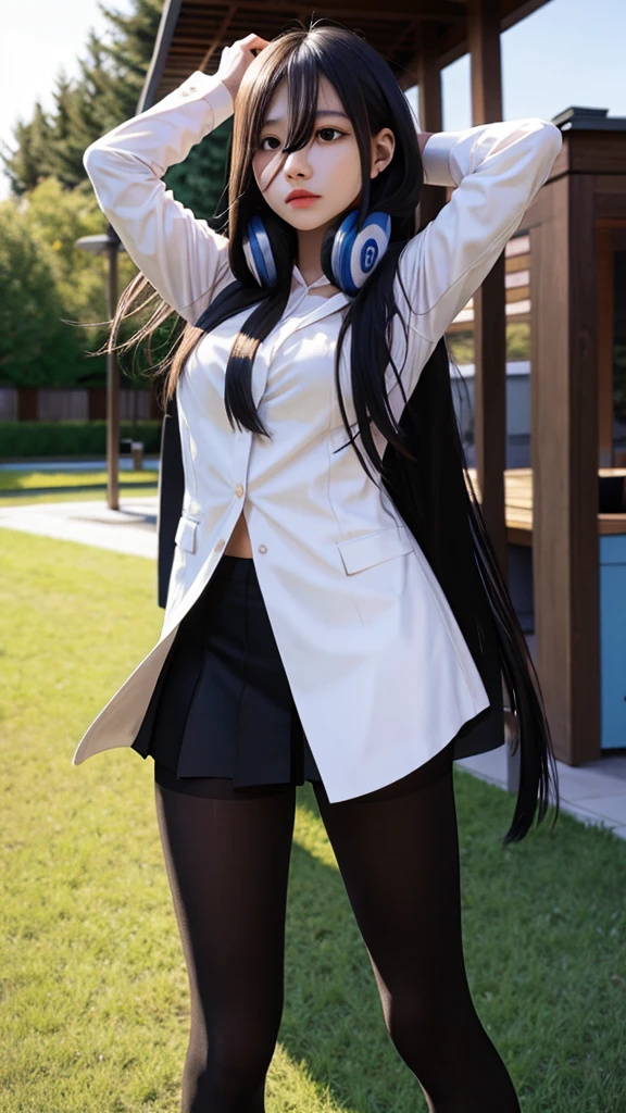 1girl,solo,Laura S. Arseid,long dark blue hair,ponytail,side Bang,small ,inspired by trails of cold steel,school dress,showing off her panties,military school,embarrassed,illustration,ultra-detailed,photorealistic:1.37,HDR,vivid colors,studio lighting,portraits,blue color tone,soft lighting