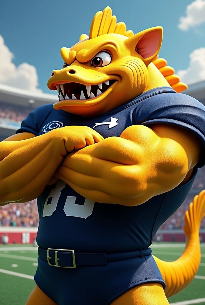 Gecko musclé en footballeur americain (lanebaker ) avec un casque en numéro 33 avec en fond un stade 