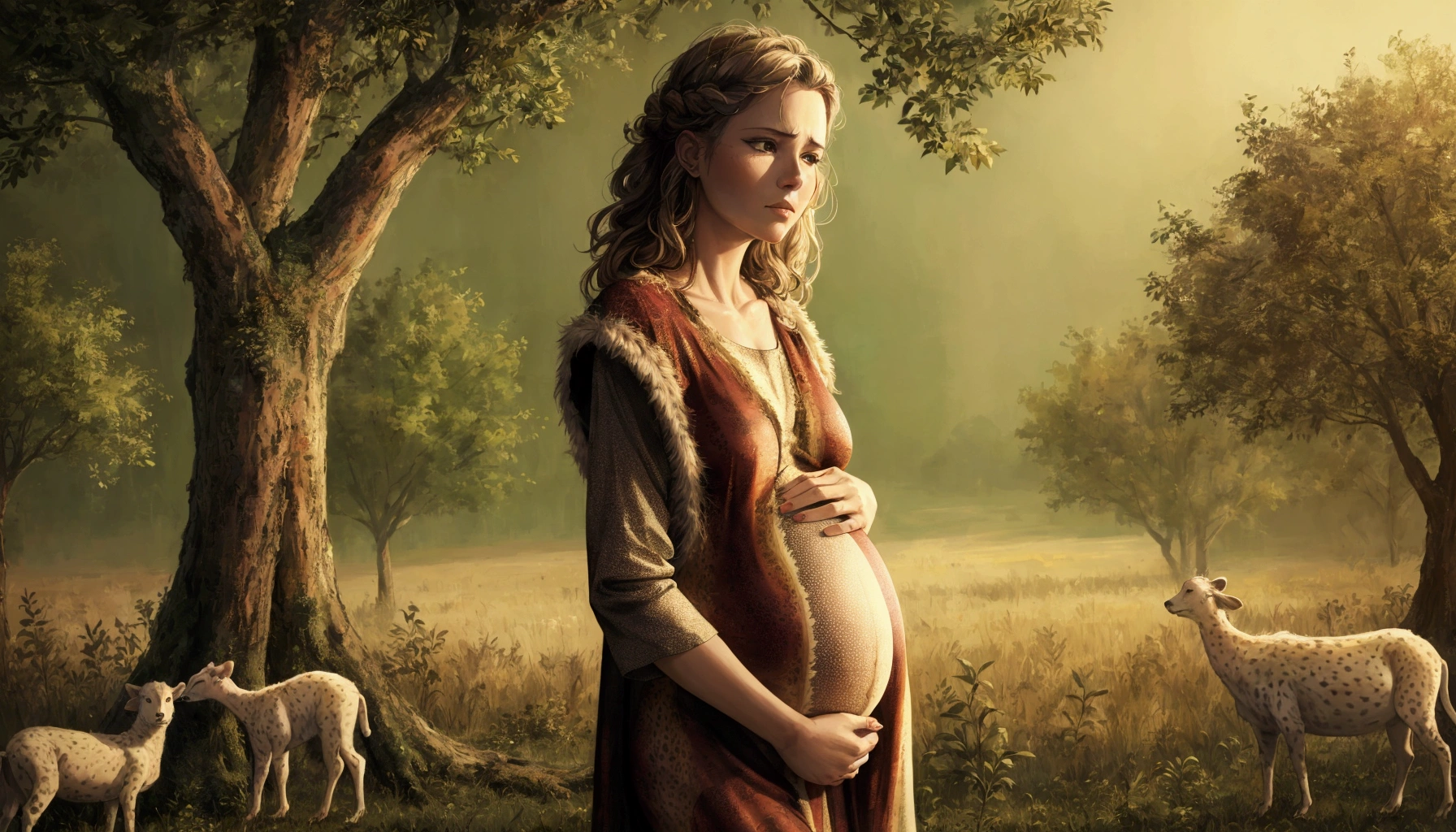 (((Pre-Raphaelite painting of a veiled pregnant blonde mother holding a pine cone high in the pine tree, paisagem celta)))